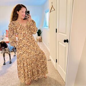 Sea New York Yellow Silk Watercolor Long Sleeve Maxi Dress Medium
